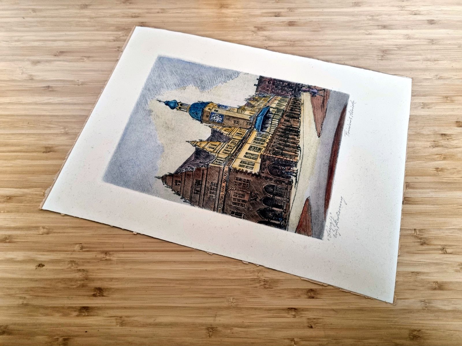 Original Etching City View, Friedrich Schick Old Town Hall Leipzig, Hand Coloured Print, German Architecture Art, 1950s photo for sale