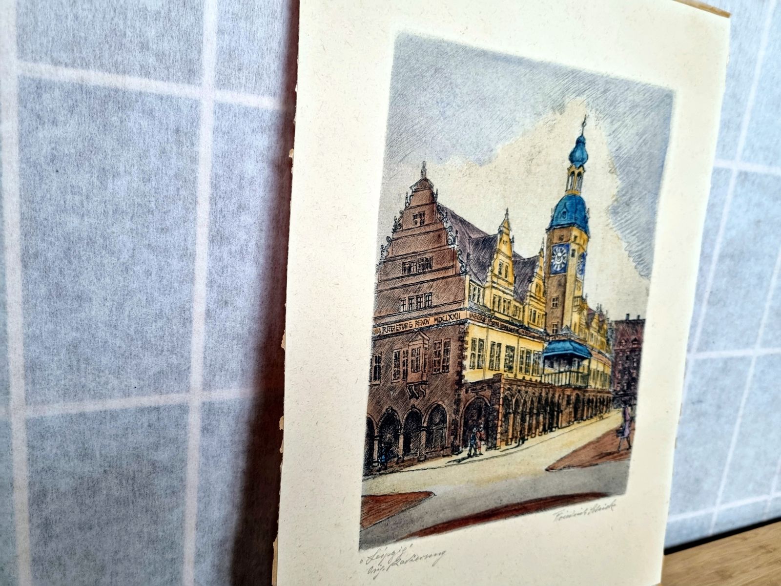 Original Etching City View, Friedrich Schick Old Town Hall Leipzig, Hand Coloured Print, German Architecture Art, 1950s photo buy