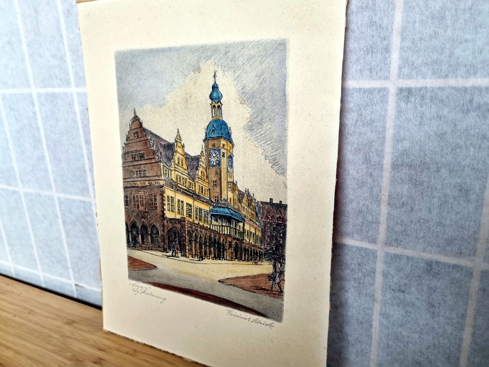 Original Etching City View, Friedrich Schick Old Town Hall Leipzig, Hand Coloured Print, German Architecture Art, 1950s photo vintage