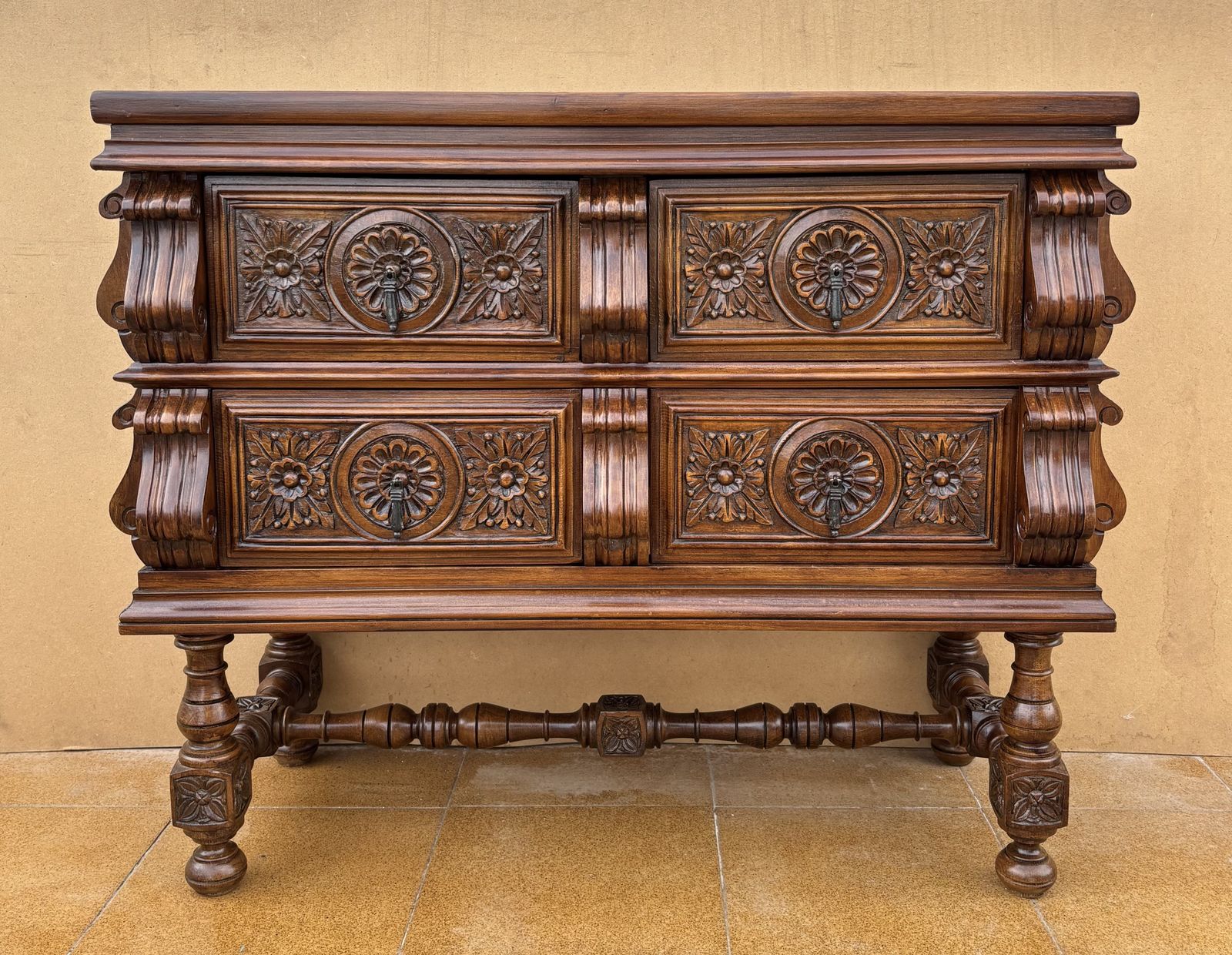 Spanish Baroque Revival Walnut Chest Of Drawers, Late 19th Century photo vinterior