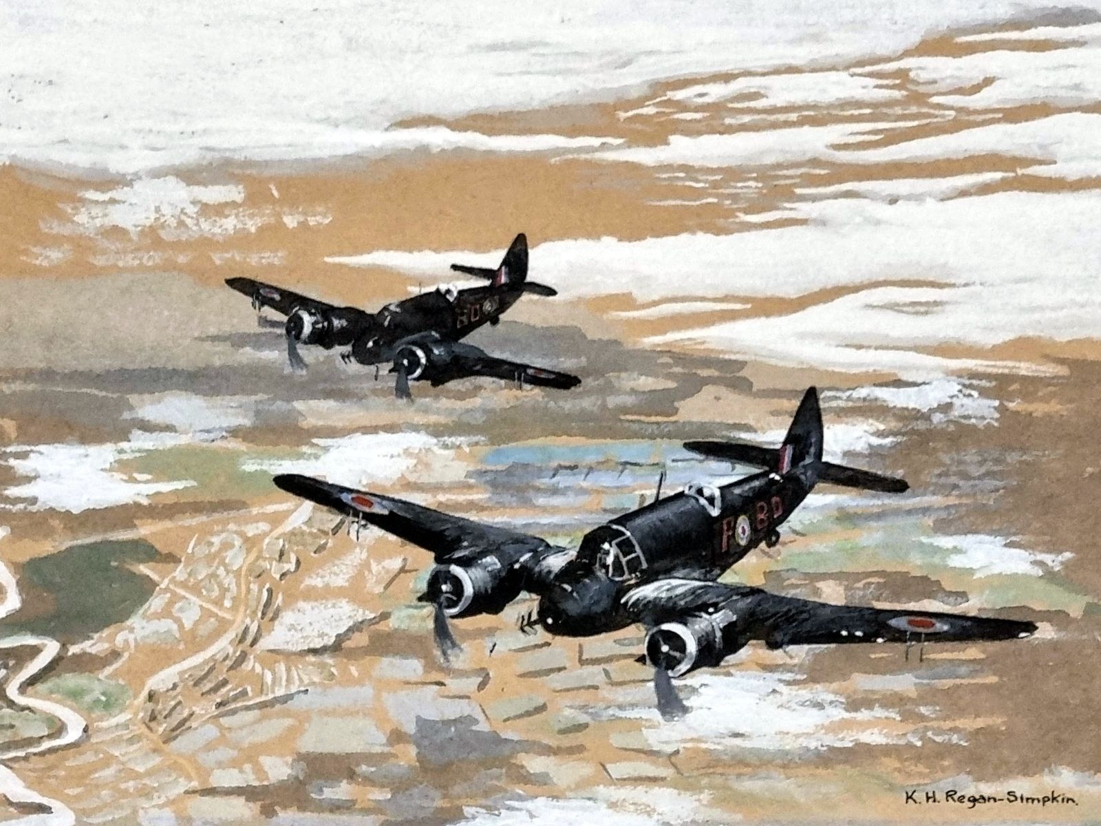 Original Ww2 Aviation Watercolour Painting, Raf Beaufighter Formation Scene, Mk If Bristol Beaufighters 600 Squadron, K H Regan Simpkin photo 275.0