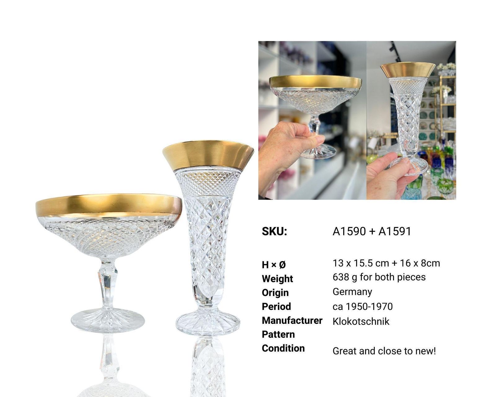 photo furniture Klokotschnik Crystal Vases |2pcs | Gold Rim Cut Crystal Germany
