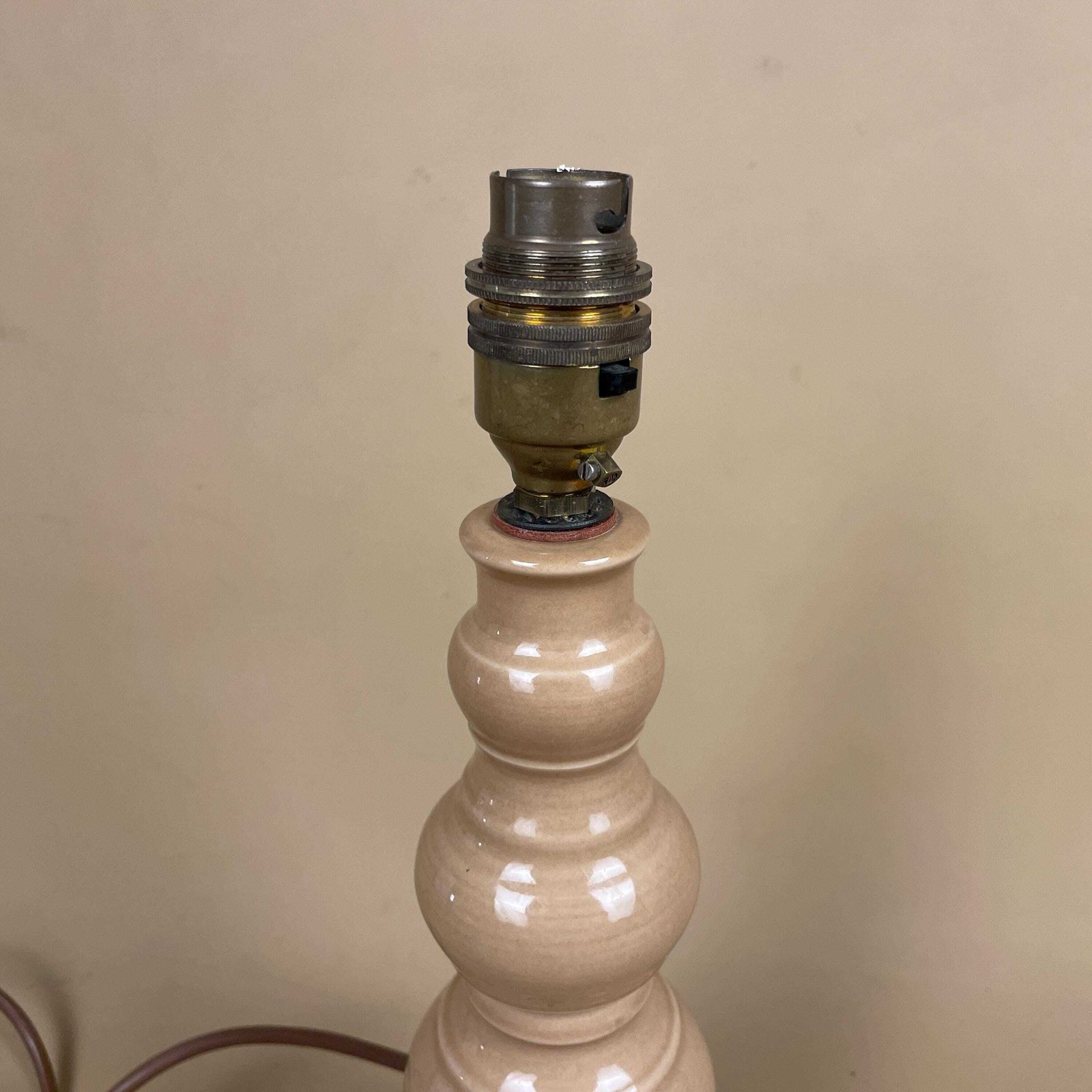 Ceramic Lamp Light Bedside Table Bauble Round Vase Beige Heavy Light Antique Brass Gold Trims Medium Vintage Bulbous Shape Stacked photo for sale