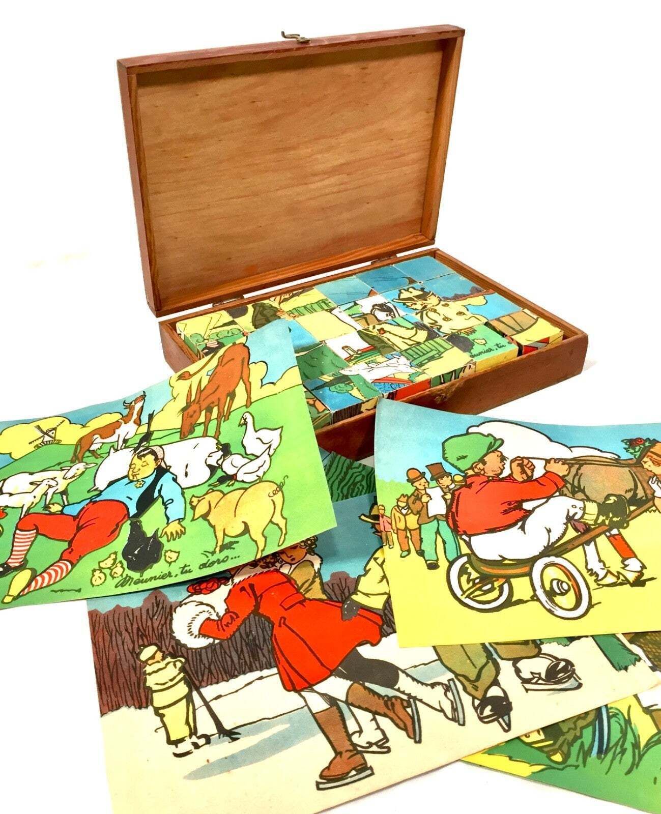 photo furniture Antique French Wooden Childs Cube Puzzle / Complete / Original Box Papers C.1930