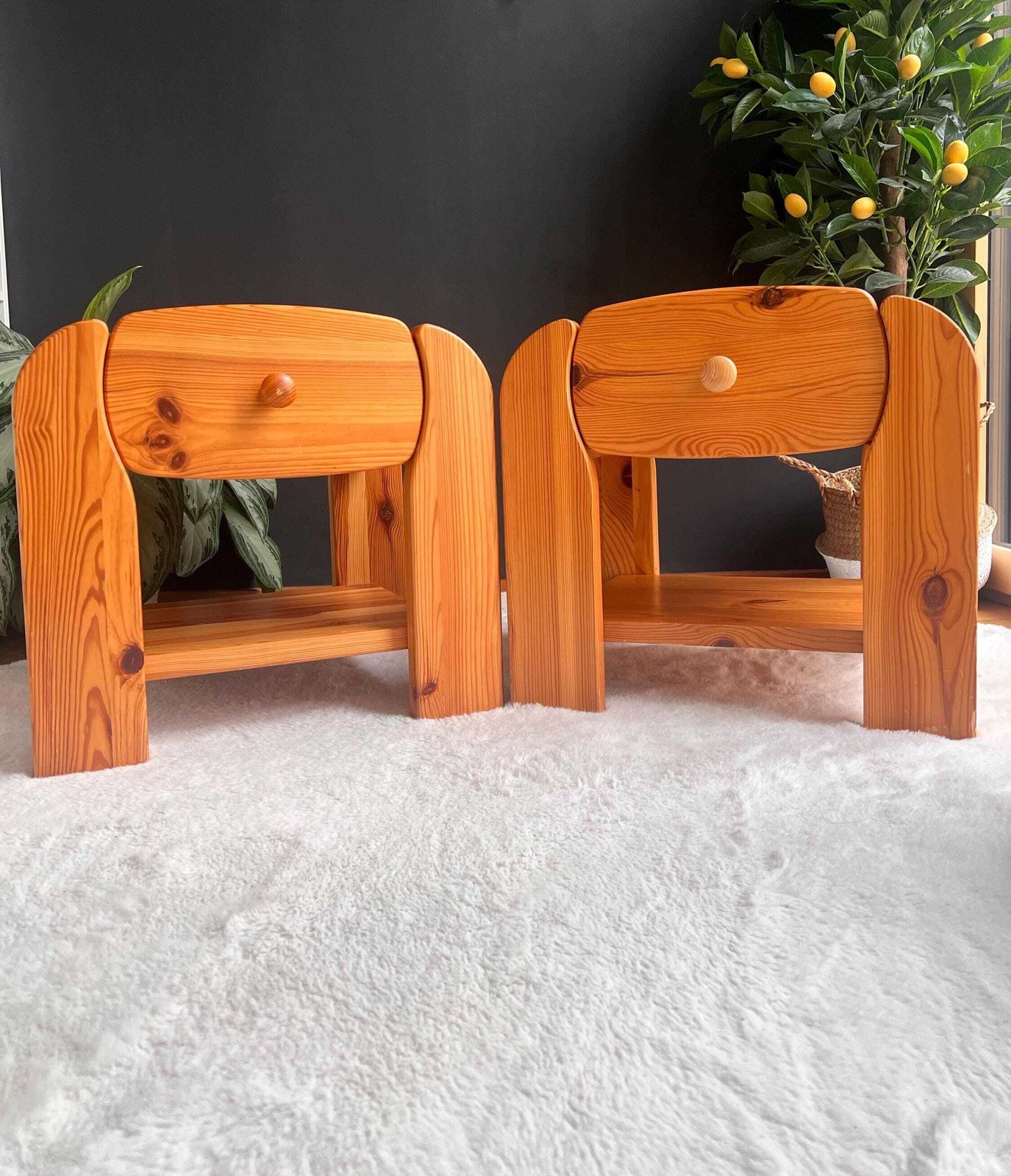 Vintage 70s Scandinavian Style Pine Nightstands   Pair Of Chunky Solid Wood Bedside Tables   Mid Century Modern Furniture