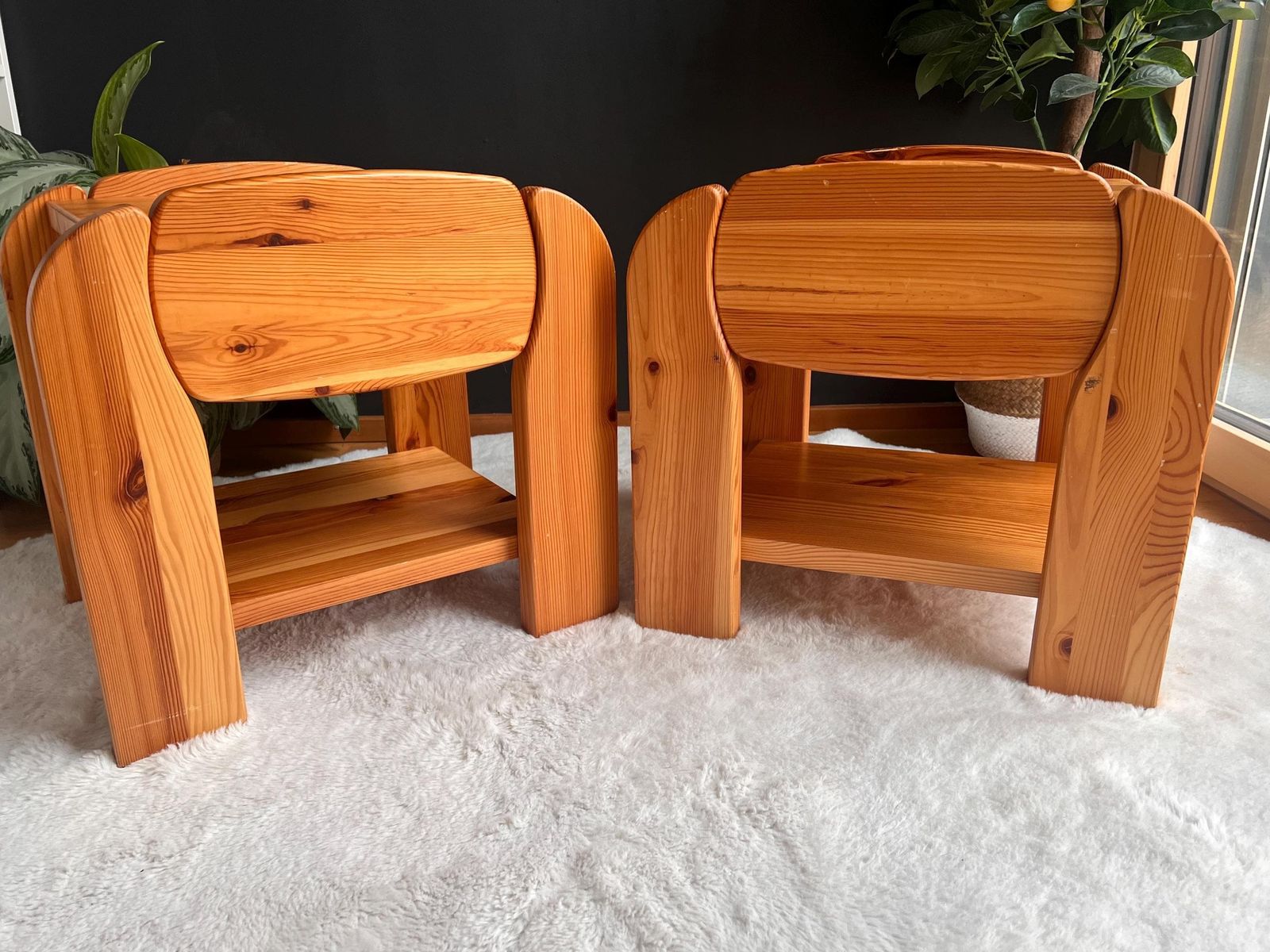 Vintage 70s Scandinavian Style Pine Nightstands   Pair Of Chunky Solid Wood Bedside Tables   Mid Century Modern Furniture photo for sale