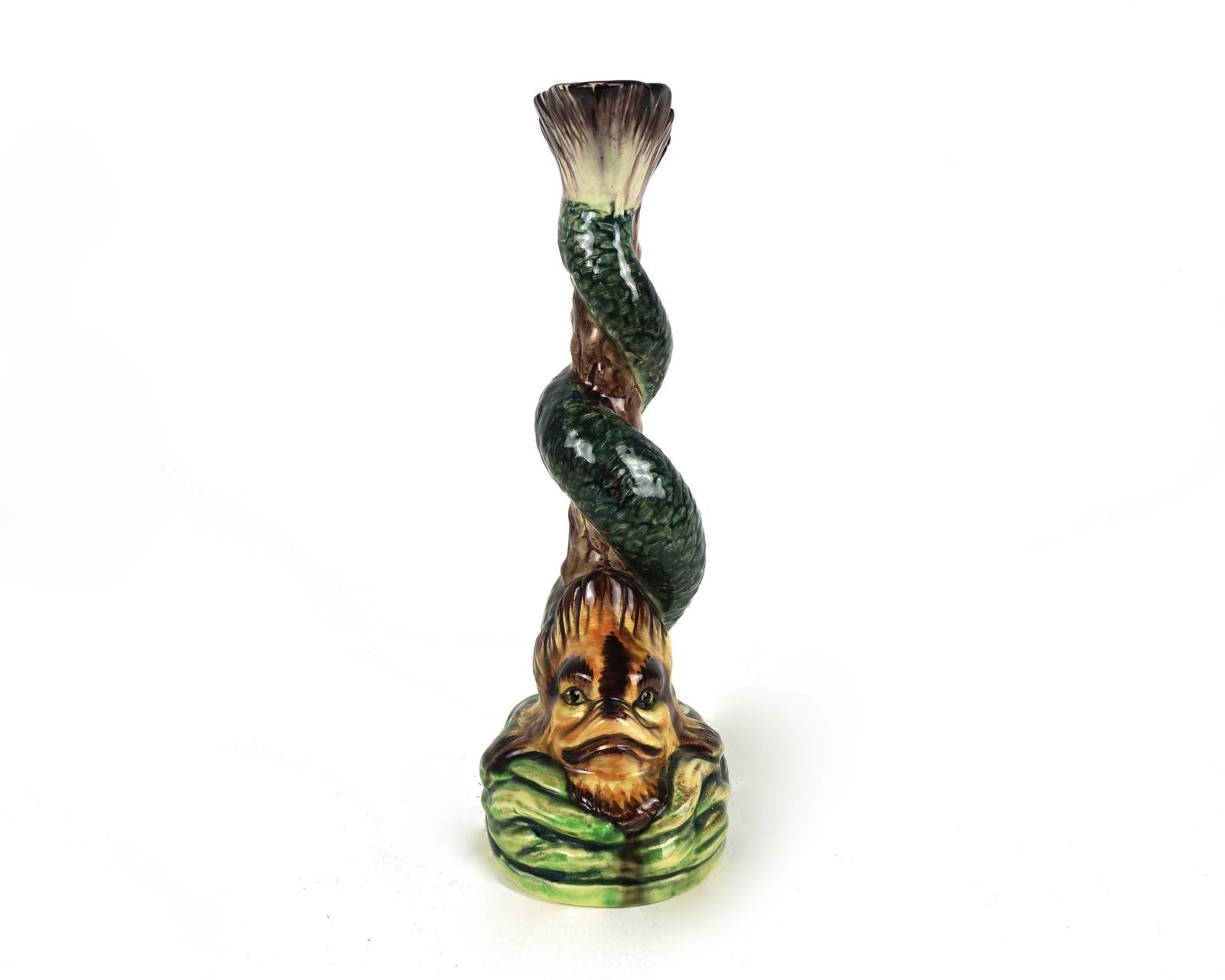A Victorian Majolica Dolphin Candlestick photo for sale