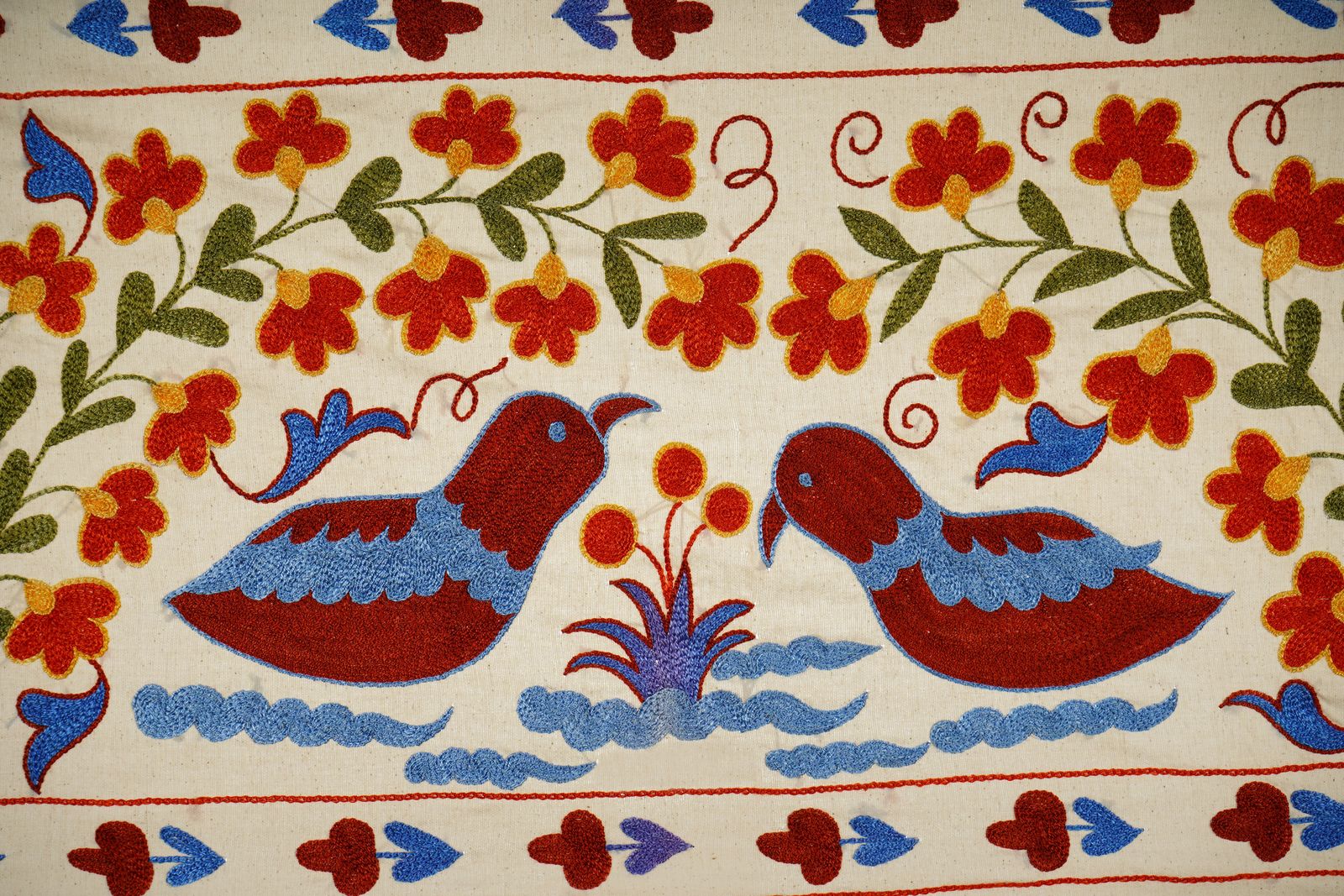 photo for sale Unique Figural Suzani Throw | Bird Or Duck Motif Square Boho Wall Decor 1'6'' X 3'2''