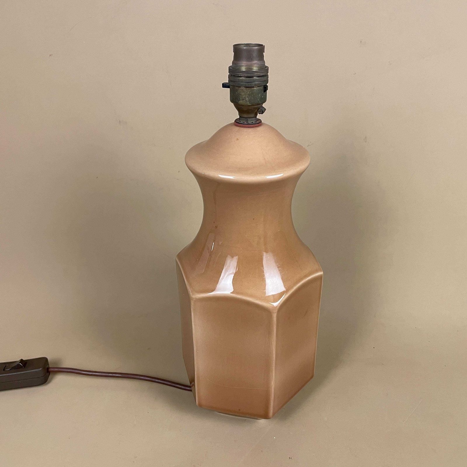 Ceramic Lamp Light Bedside Table Hexagon Shape Vase Beige Light Antique Brass Gold Trims Medium Vintage Retro Decor Classic photo for sale