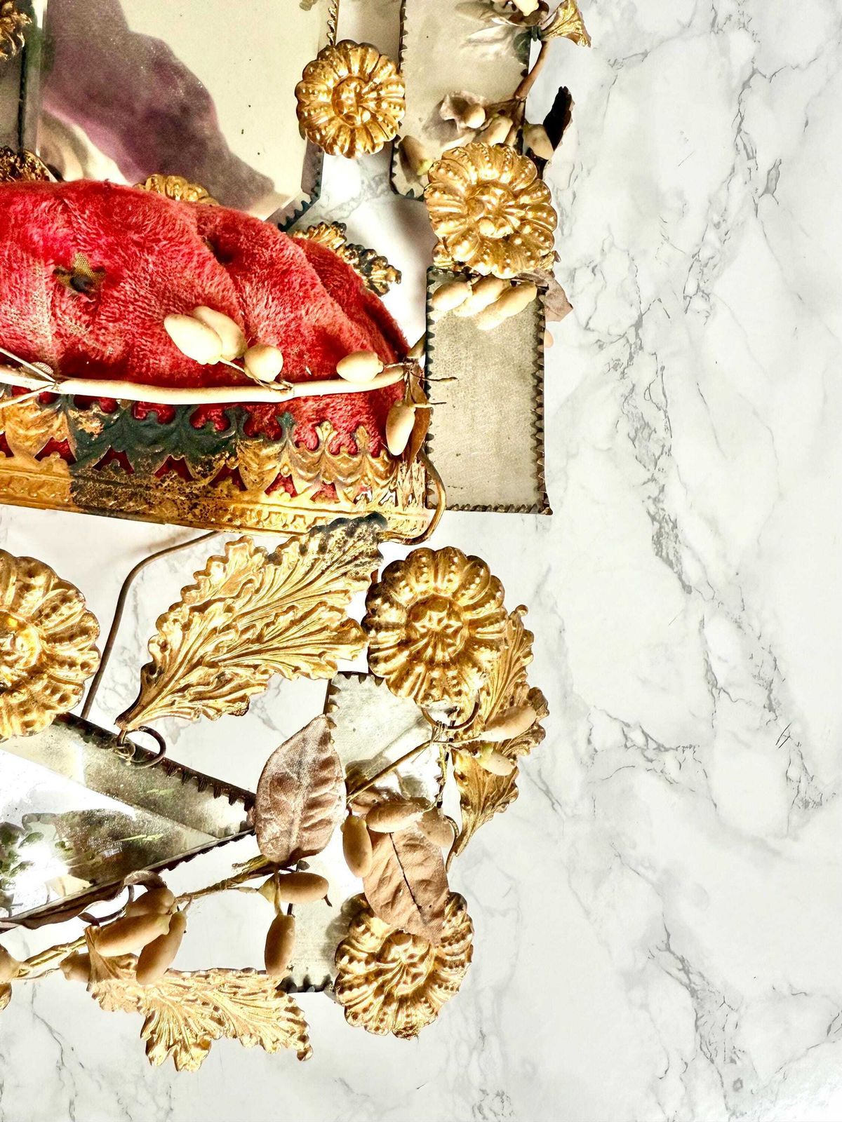 Antique Large 1800 French Wedding Globe Ornament Gilded Toleware Bird Foliage Hand Painted Mirror Romantic Victorian Boudoir Red Velvet photo vinterior