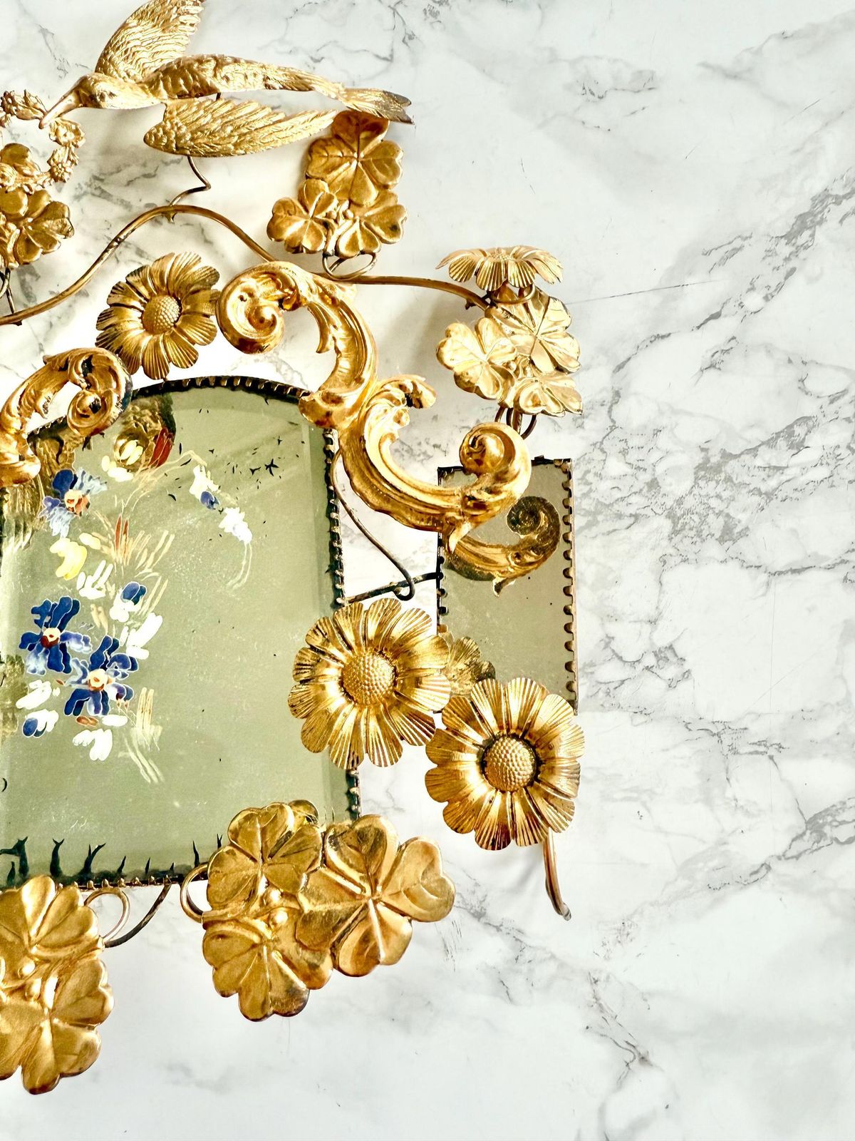 Antique 1800 French "Bridal Globe" Ornament, Gilded Metalwork, Bird And Foliage Hand Painted Mirror Decor, Romantic Victorian Boudoir photo vinterior