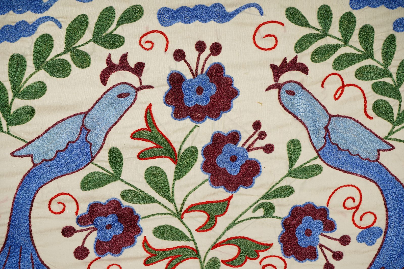 Decorative Suzani Embroidered Cotton Cloth – Featuring Traditional Bird And Floral Designs 1'5'' X 3'1'' photo for sale