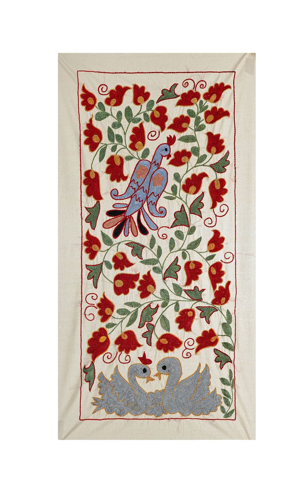 Suzani Embroidered Wall Hanging With Bird & Duck – Textile Art 1'6'' X 3'