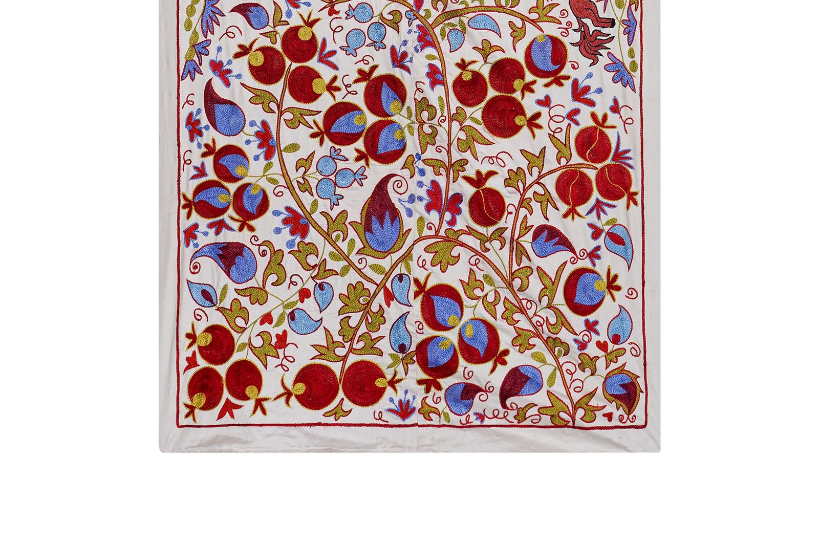 Suzani Tapestry – White Base With Horse And Pomegranate Motifs 3'2'' X 6' photo for sale