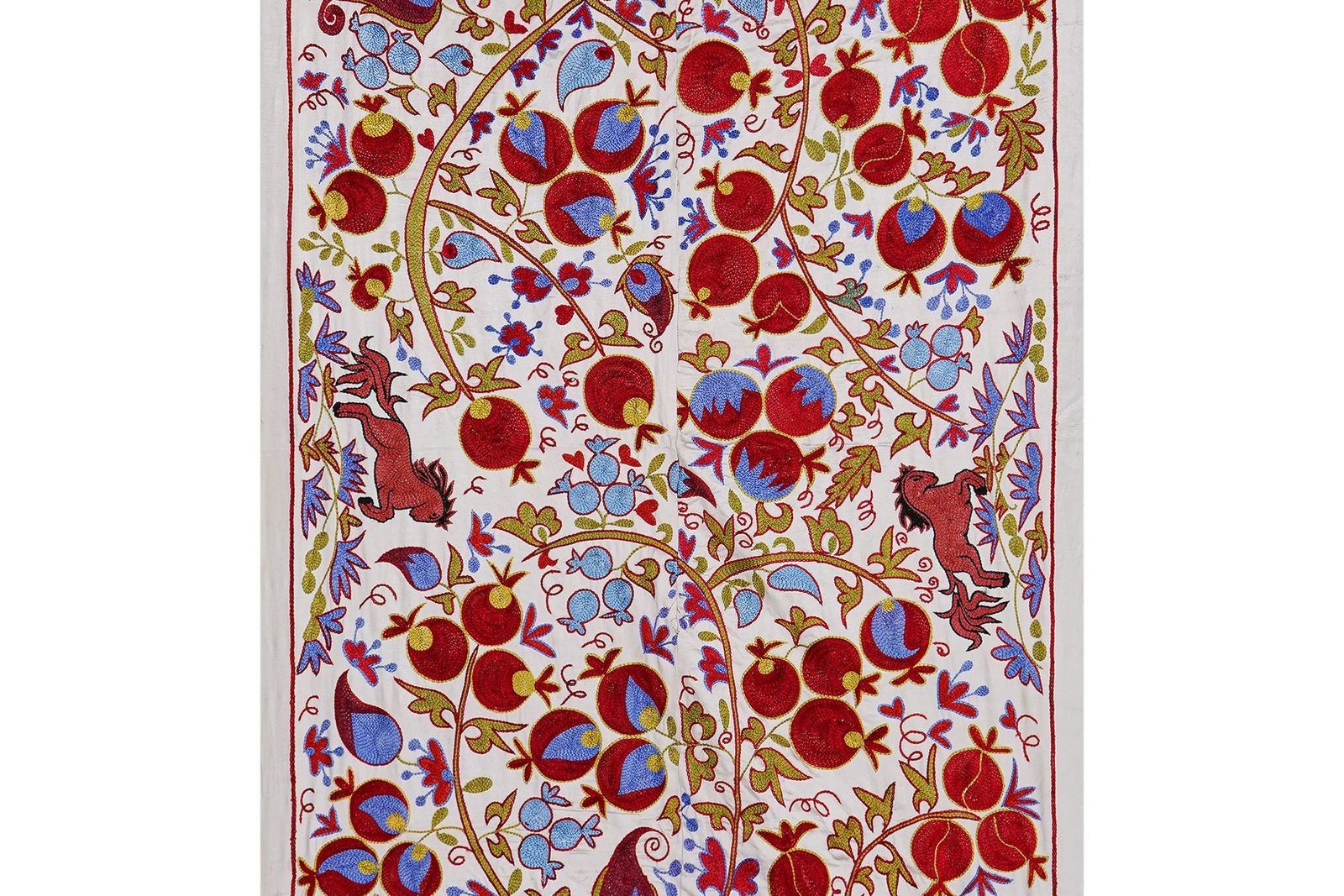 Suzani Tapestry – White Base With Horse And Pomegranate Motifs 3'2'' X 6' photo buy
