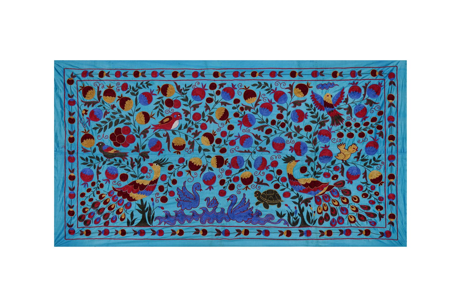 Blue Uzbek Suzani Textile – Peacock, Bird & Floral Motif 3'4'' X 6