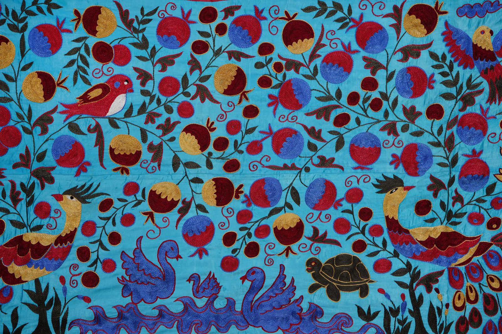 400.0 Blue Uzbek Suzani Textile – Peacock, Bird & Floral Motif 3'4'' X 6 photo