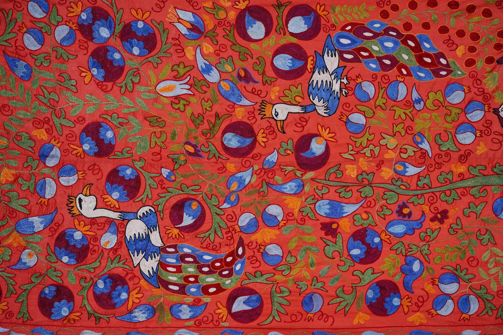 Red Suzani Embroidered Wall Hanging With Peacocks – Silk Cotton Boho Textile 3'4'' X 6'1'' photo furniture