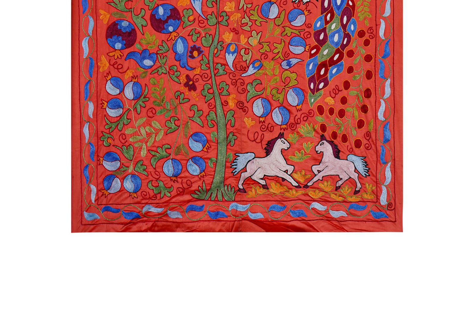 Red Suzani Embroidered Wall Hanging With Peacocks – Silk Cotton Boho Textile 3'4'' X 6'1'' photo 400.0