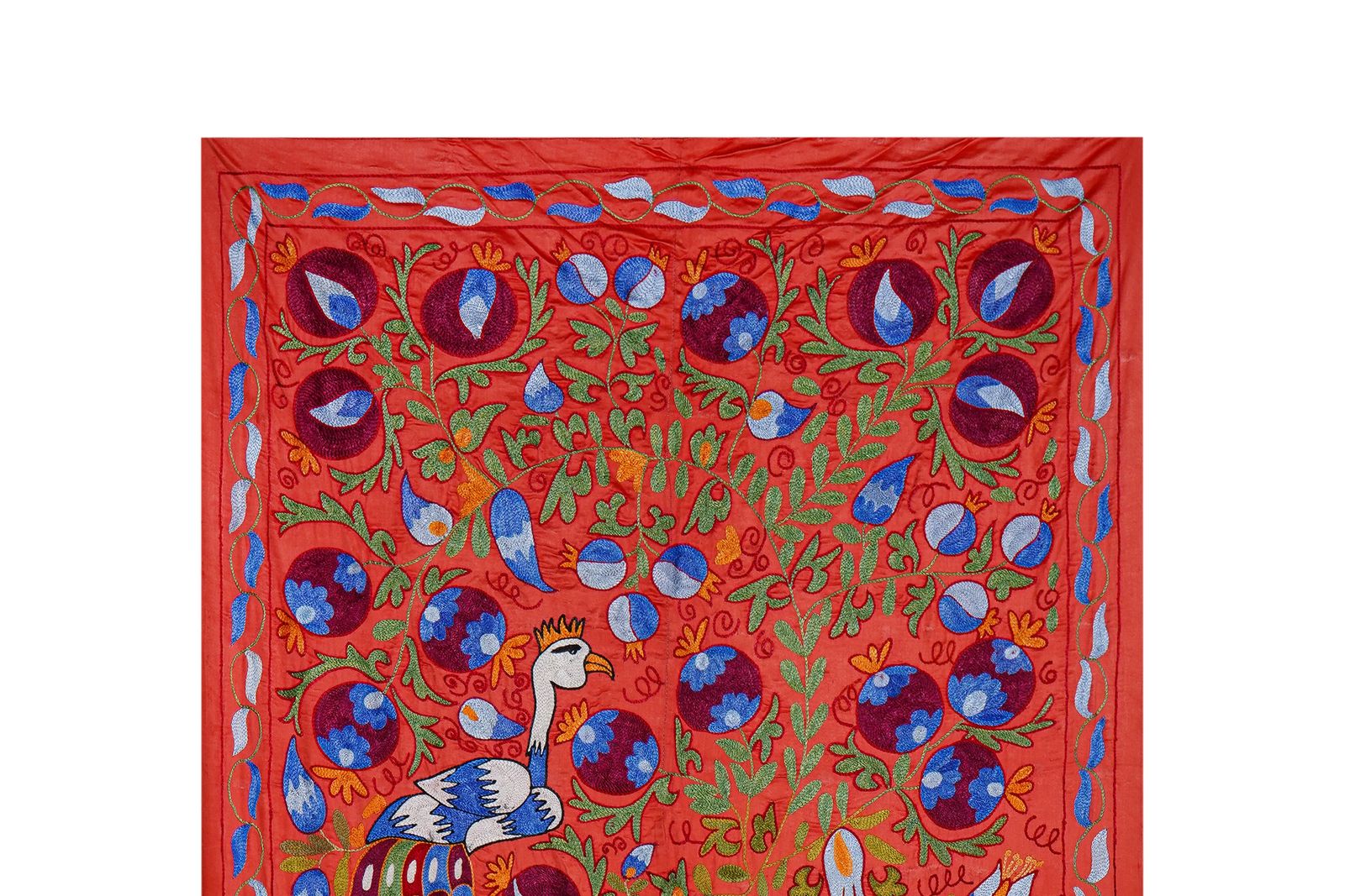 Red Suzani Embroidered Wall Hanging With Peacocks – Silk Cotton Boho Textile 3'4'' X 6'1'' photo buy