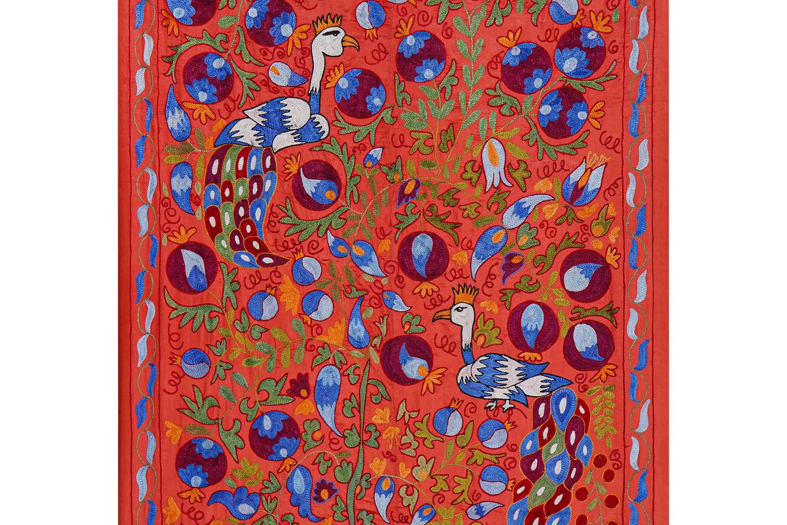 Red Suzani Embroidered Wall Hanging With Peacocks – Silk Cotton Boho Textile 3'4'' X 6'1'' photo vintage