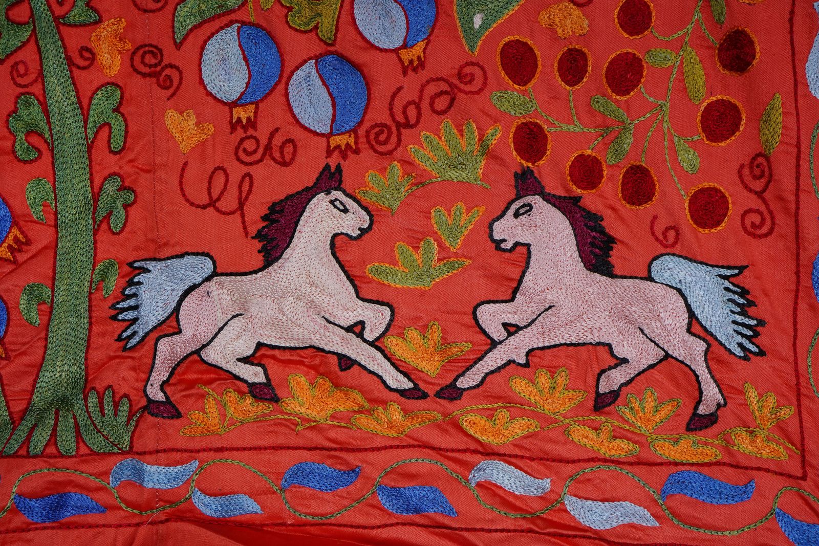 400.0 Red Suzani Embroidered Wall Hanging With Peacocks – Silk Cotton Boho Textile 3'4'' X 6'1'' photo