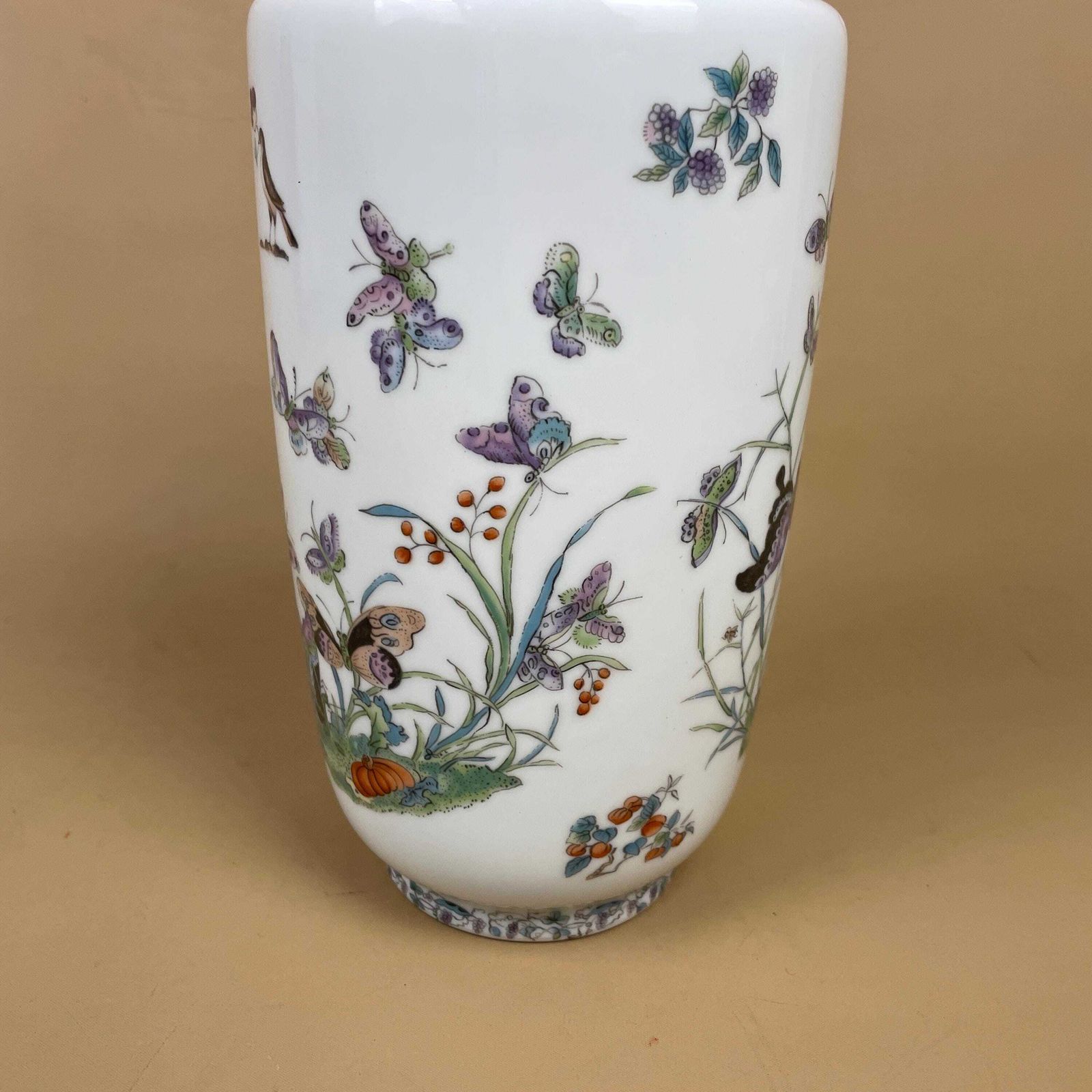 Japanese Aichi Seto Vase Butterfly Floral Hand Painted Planter Flower Display C.1940's Oriental Home Decor Table Flower Display Vintage photo for sale