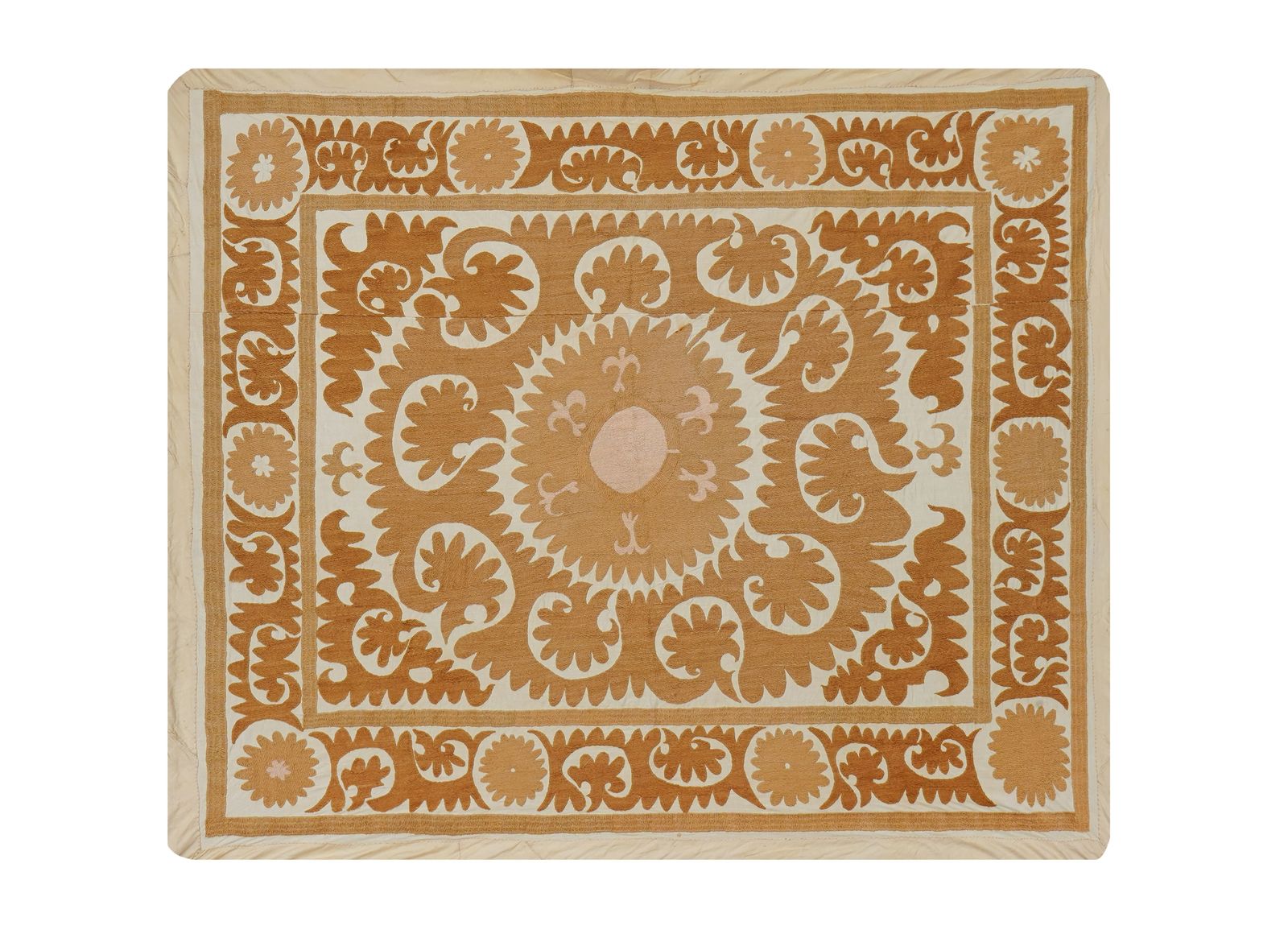 Handmade Suzani Pattern Beige & Terracotta Textile – Boho Embroidered Table Decor 3'6'' X 4'2''