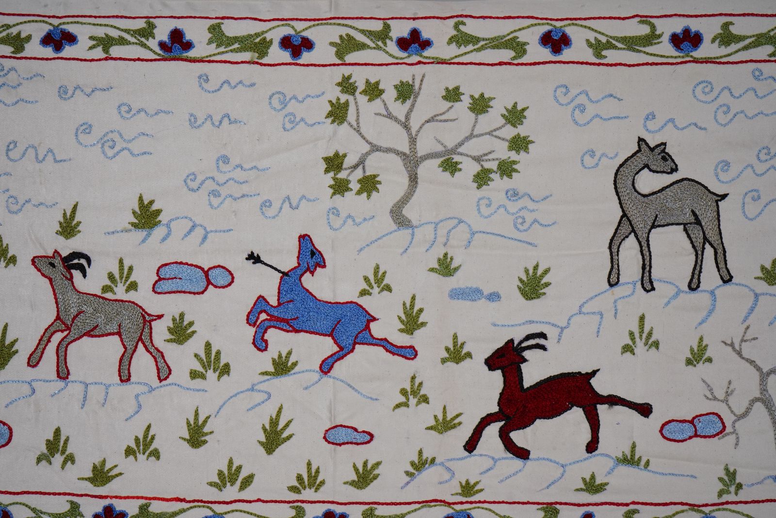 Uzbek Suzani Animal Tablecloth   Silk Cotton Blend Horse Runner 1'6'' X 6'1'' photo for sale