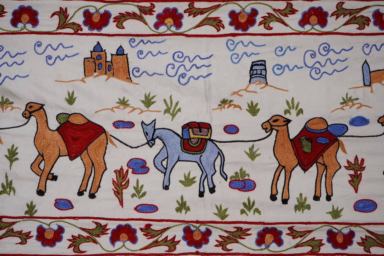 Uzbek Suzani Animal Tablecloth, Bukhara Wall Hanging Decor   Camel Cotton Runner 1'8'' X 6'1'' photo for sale