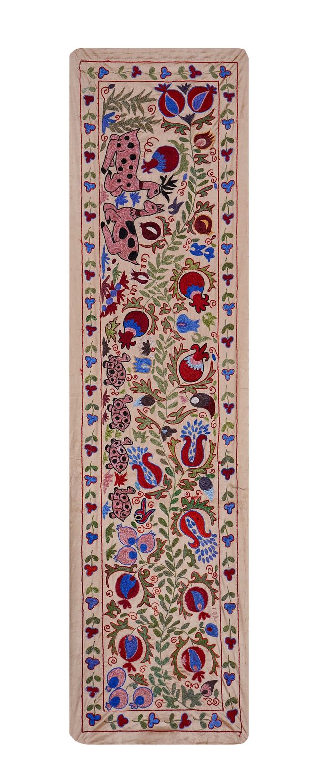 Cream Uzbek Suzani Embroidered Table Runner – Red Pomegranate & Blue Floral Boho Textile 1'8'' X 6'1''