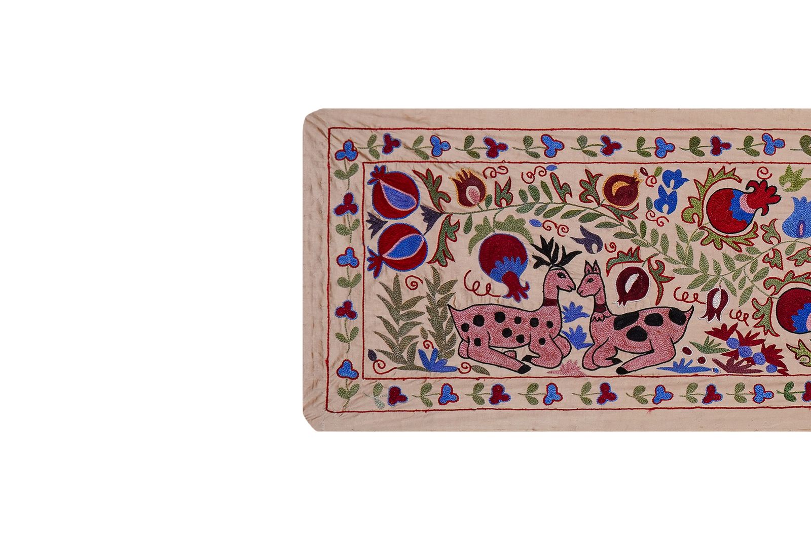 Cream Uzbek Suzani Embroidered Table Runner – Red Pomegranate & Blue Floral Boho Textile 1'8'' X 6'1'' photo for sale