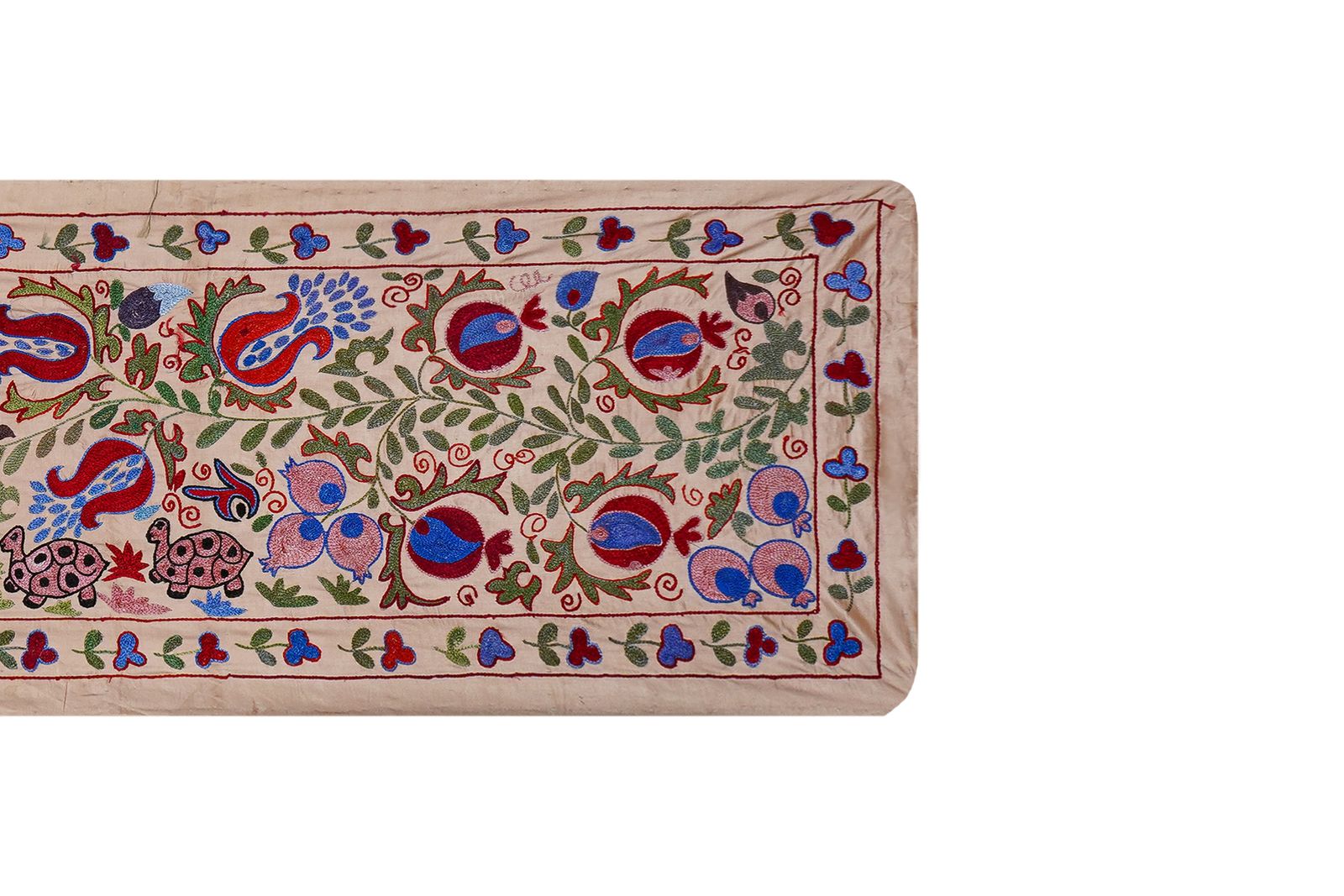 Cream Uzbek Suzani Embroidered Table Runner – Red Pomegranate & Blue Floral Boho Textile 1'8'' X 6'1'' photo 225.0