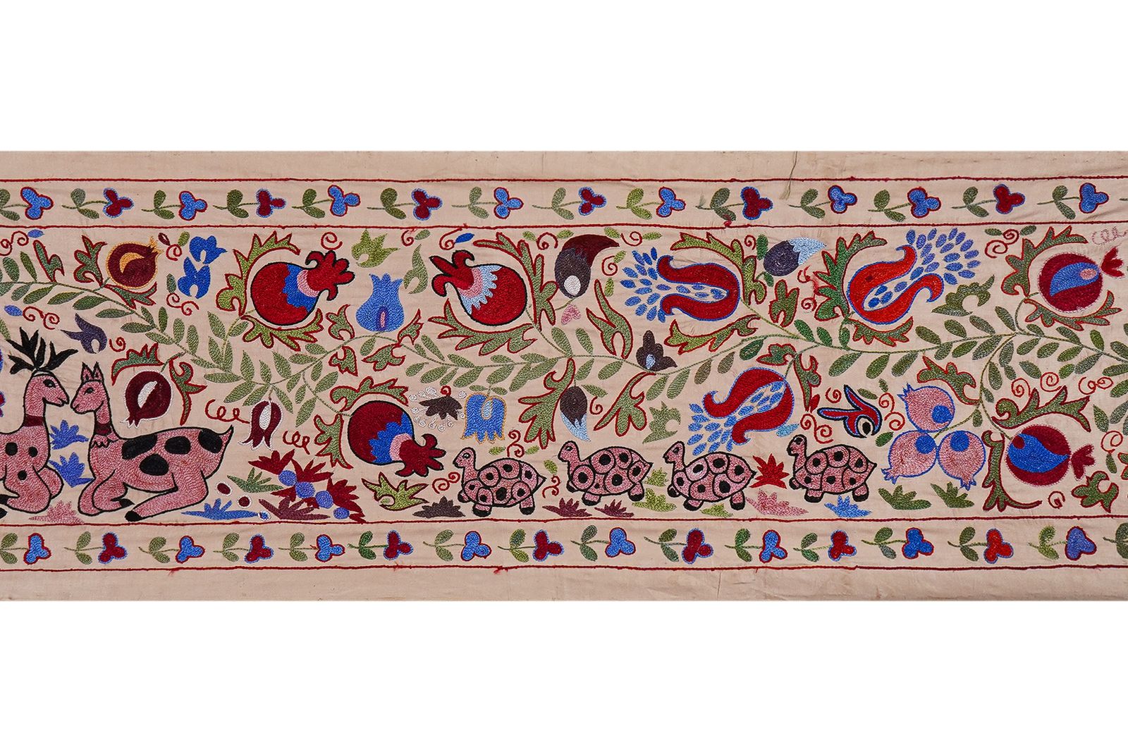 Cream Uzbek Suzani Embroidered Table Runner – Red Pomegranate & Blue Floral Boho Textile 1'8'' X 6'1'' photo buy