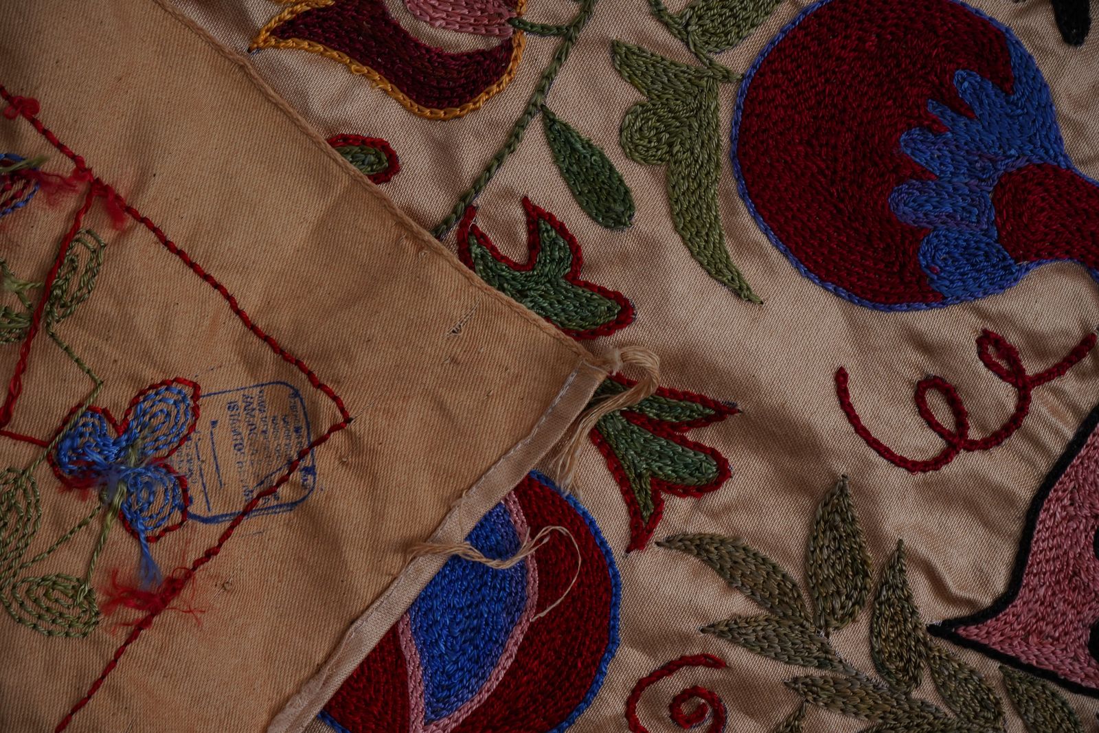 photo furniture Cream Uzbek Suzani Embroidered Table Runner – Red Pomegranate & Blue Floral Boho Textile 1'8'' X 6'1''