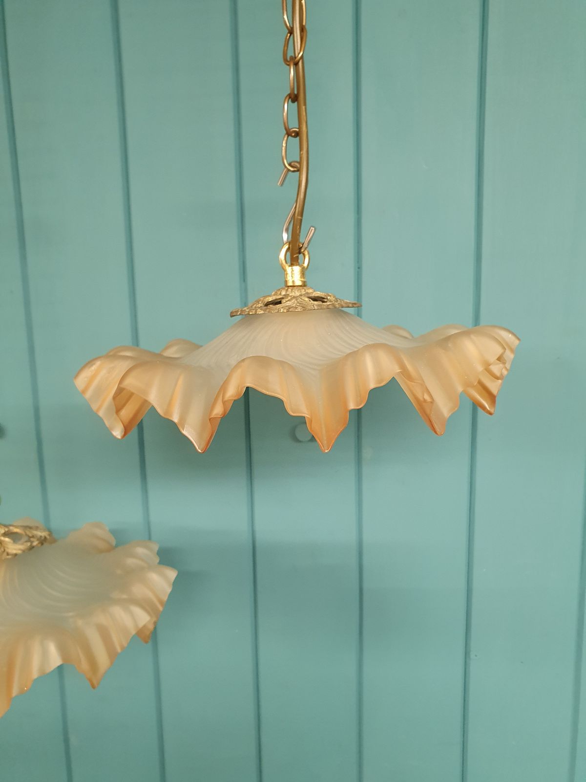 Pair Of Antique French Frilly Glass Pendant 11" photo 225.0