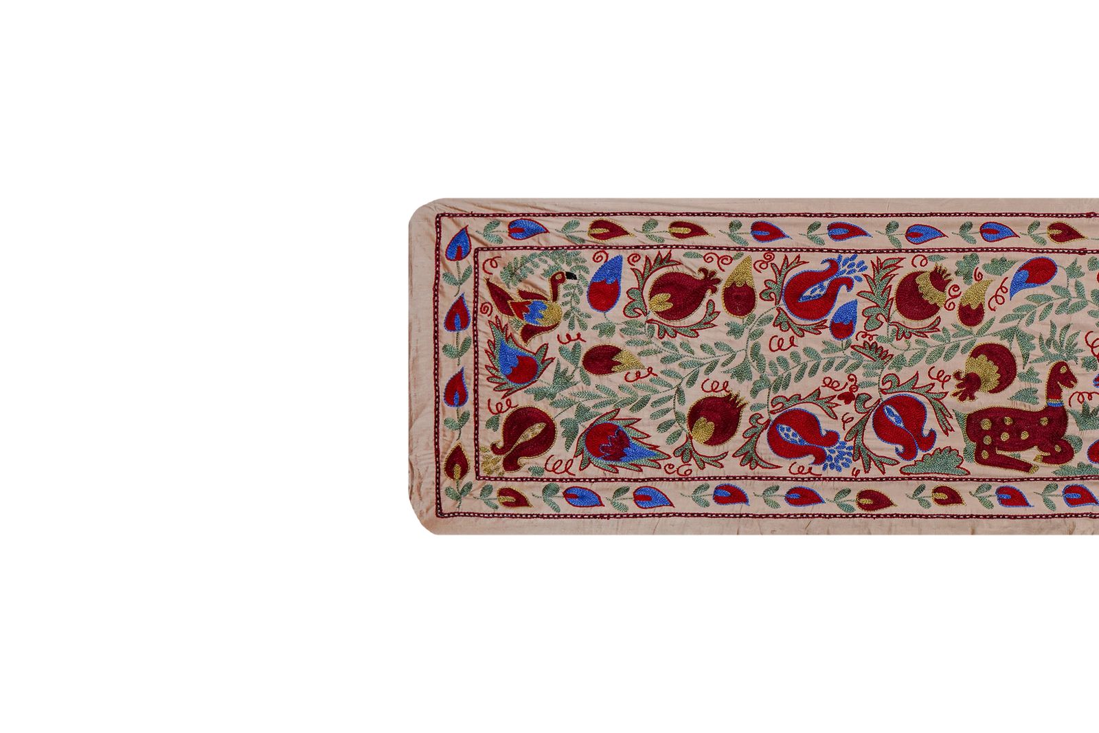 Cream Uzbek Suzani Embroidered Table Runner – Red Pomegranate & Blue Floral Boho Textile 1'8'' X 6'1'' photo 200.0