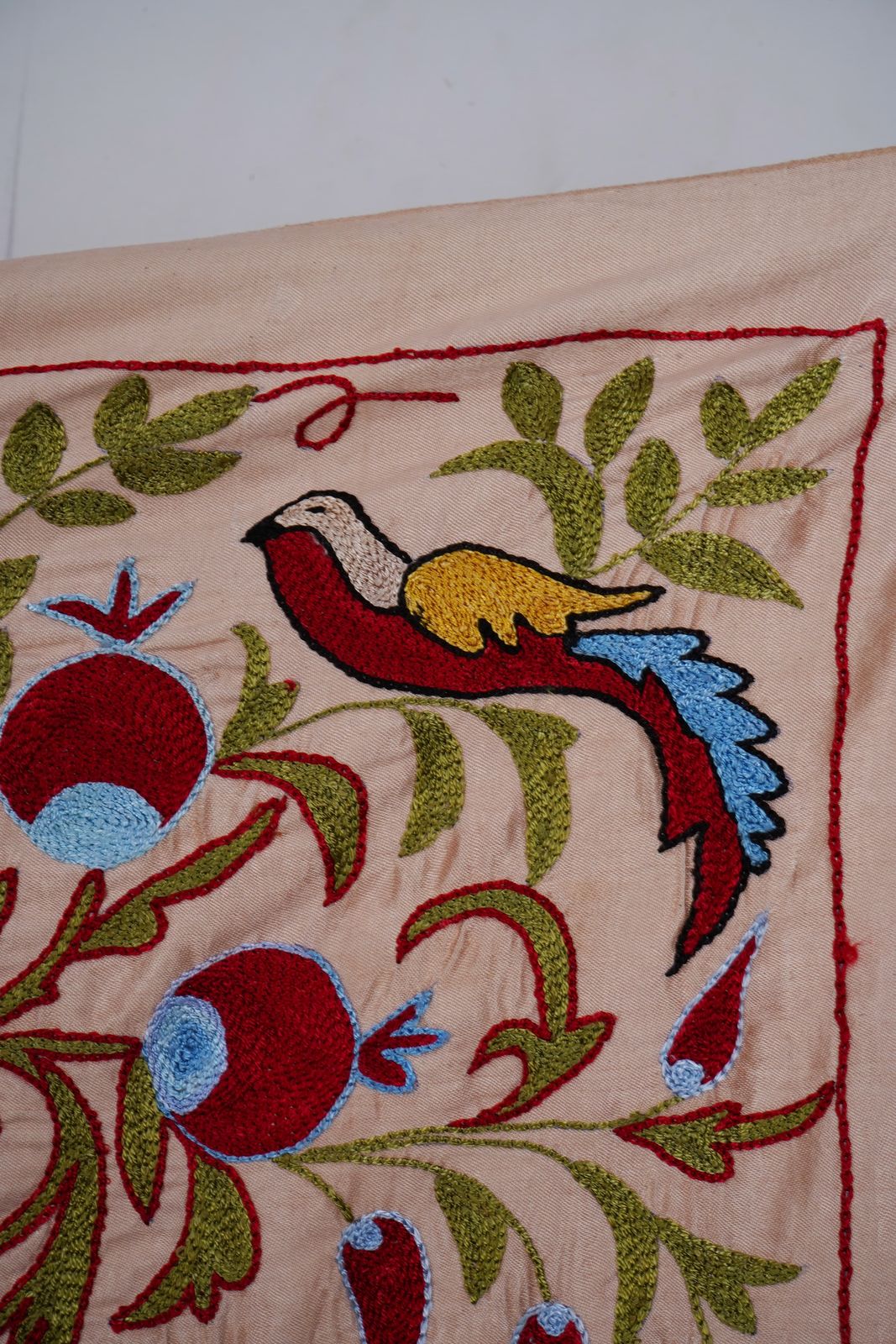 Beige Uzbek Suzani Textile – Silk Blend Red Pomegranate & Bird Motif Wall Art 3'4'' X 6'1'' photo buy