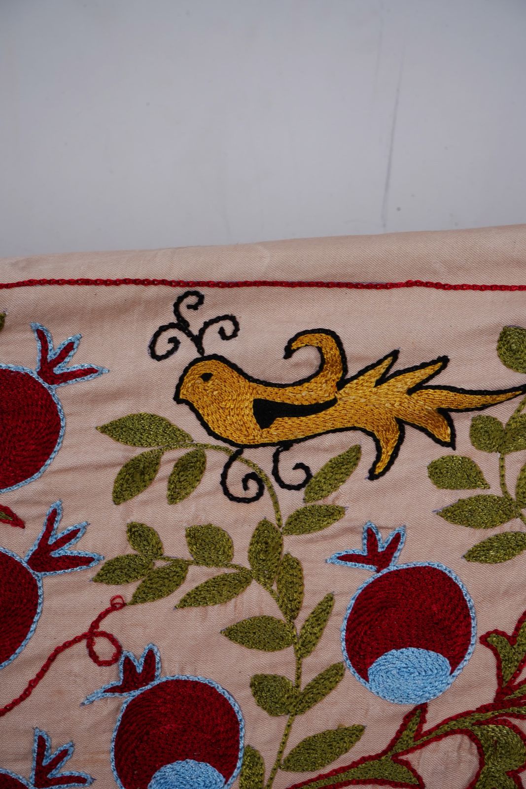 photo furniture Beige Uzbek Suzani Textile – Silk Blend Red Pomegranate & Bird Motif Wall Art 3'4'' X 6'1''