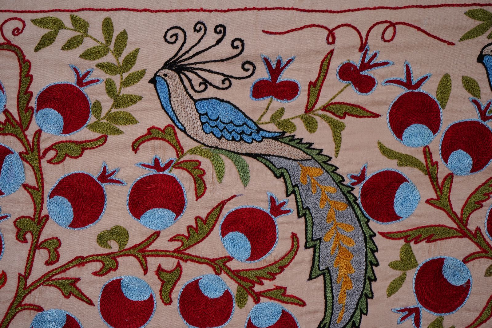 photo for sale Beige Uzbek Suzani Textile – Silk Blend Red Pomegranate & Bird Motif Wall Art 3'4'' X 6'1''