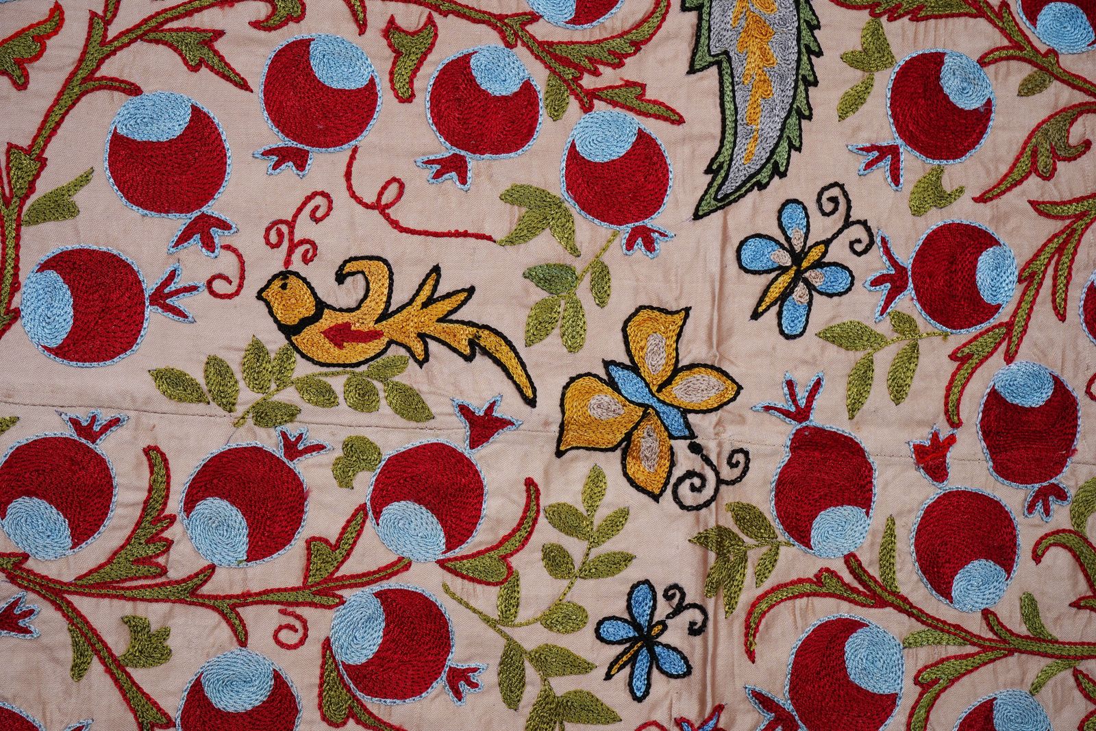 photo vinterior Beige Uzbek Suzani Textile – Silk Blend Red Pomegranate & Bird Motif Wall Art 3'4'' X 6'1''