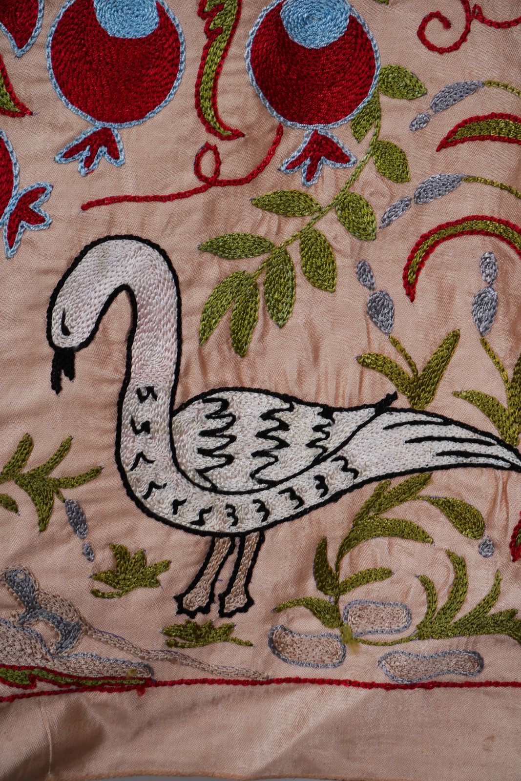 photo buy Beige Uzbek Suzani Textile – Silk Blend Red Pomegranate & Bird Motif Wall Art 3'4'' X 6'1''