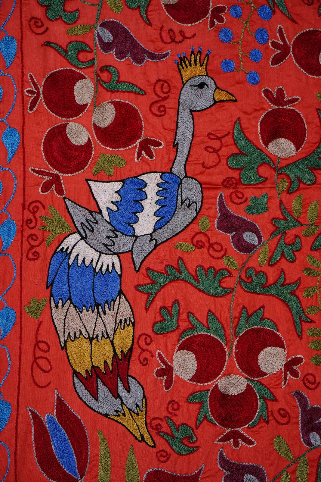 Red & Blue Uzbek Suzani Wall Hanging – Pomegranate Tree And Bird Embroidered Textile 3'4'' X 6'1'' photo furniture