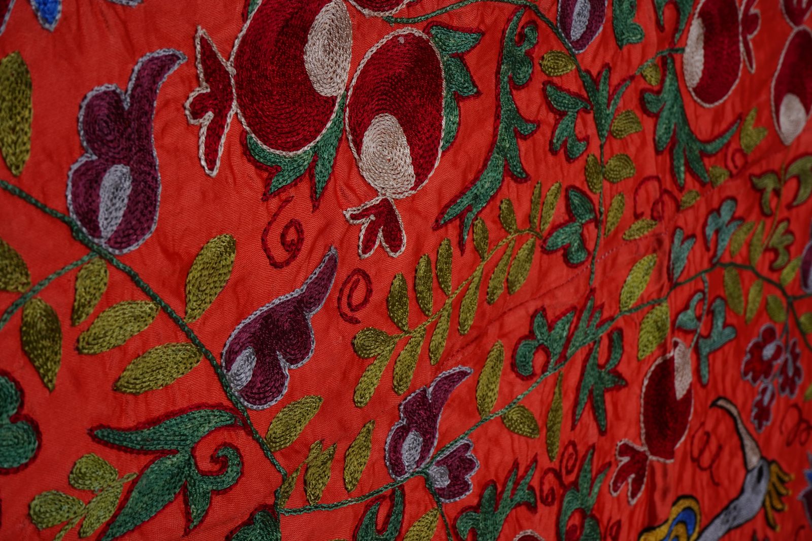 photo for sale Red & Blue Uzbek Suzani Wall Hanging – Pomegranate Tree And Bird Embroidered Textile 3'4'' X 6'1''