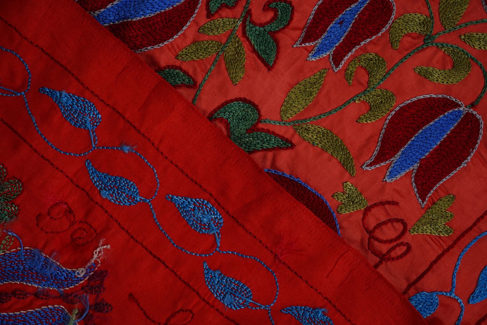 Textiles Red & Blue Uzbek Suzani Wall Hanging – Pomegranate Tree And Bird Embroidered Textile 3'4'' X 6'1'' photo