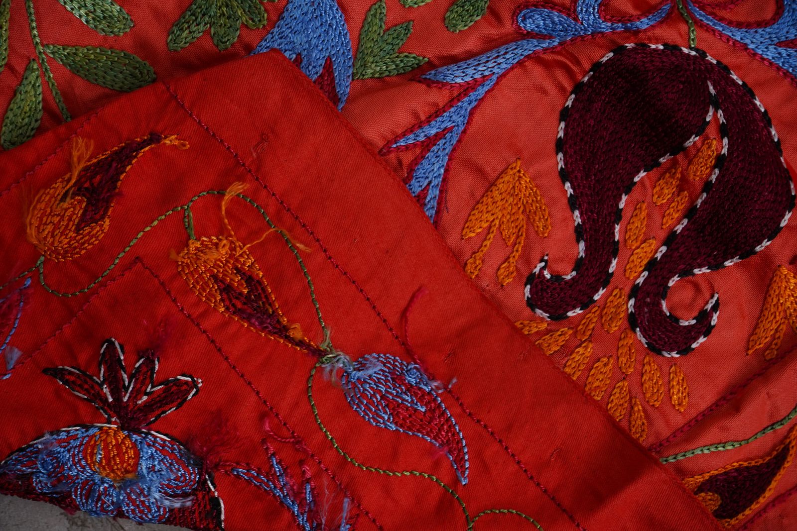 photo for sale Red Uzbek Suzani Embroidered Wall Hanging – Floral Tree Of Life Horse And Deer Boho Textile Art 3'4'' X 6'1''