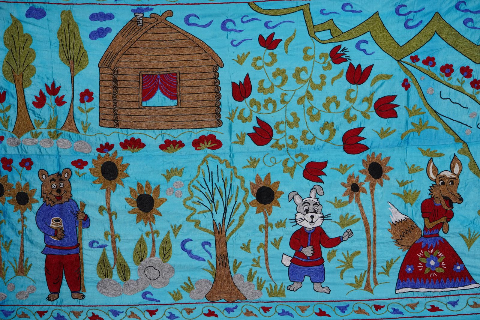 Blue Uzbek Suzani Wall Hanging – Folk Animal Scene Embroidered Textile Art 3'4'' X 6'2'' photo furniture