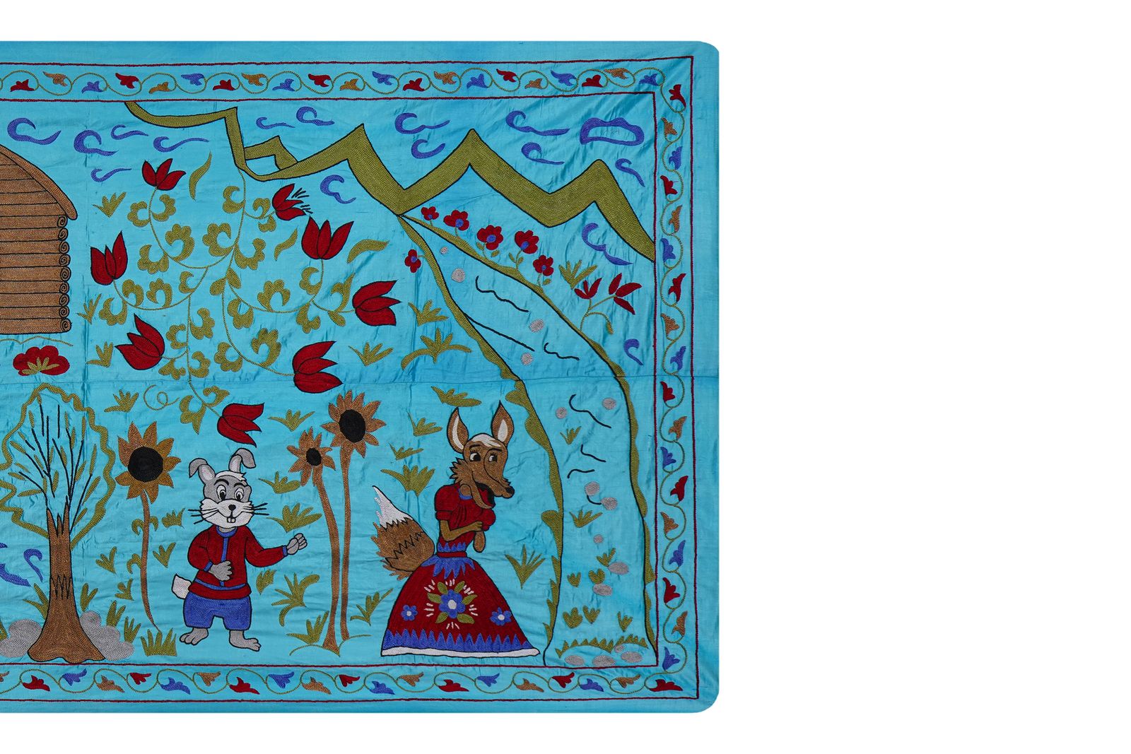 Blue Uzbek Suzani Wall Hanging – Folk Animal Scene Embroidered Textile Art 3'4'' X 6'2'' photo vinterior