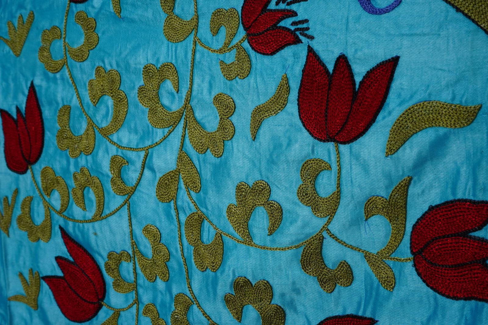 Blue Uzbek Suzani Wall Hanging – Folk Animal Scene Embroidered Textile Art 3'4'' X 6'2'' photo vintage