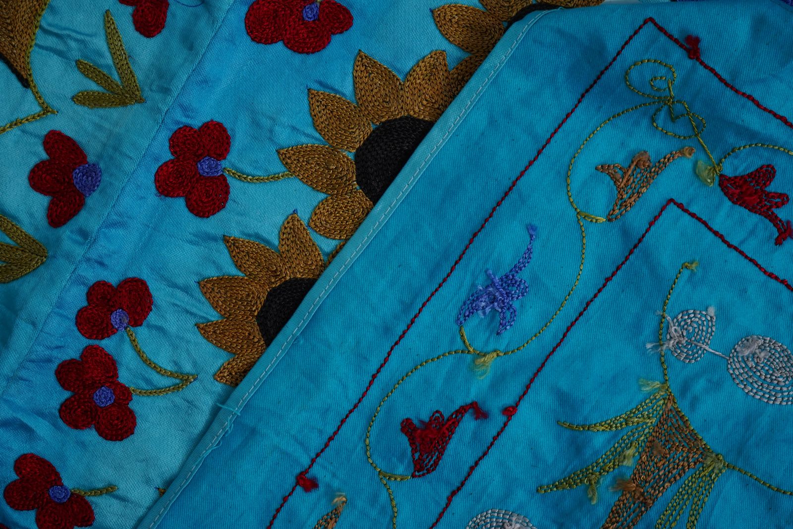 photo vinterior Blue Uzbek Suzani Wall Hanging – Folk Animal Scene Embroidered Textile Art 3'4'' X 6'2''